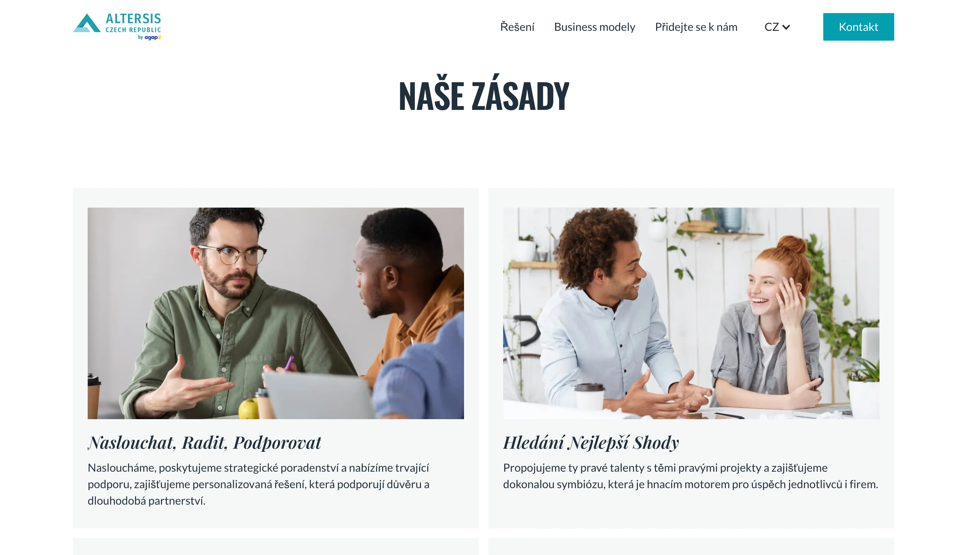 Seção "Naše zásady" do site da Altersis, com os princípios da empresa