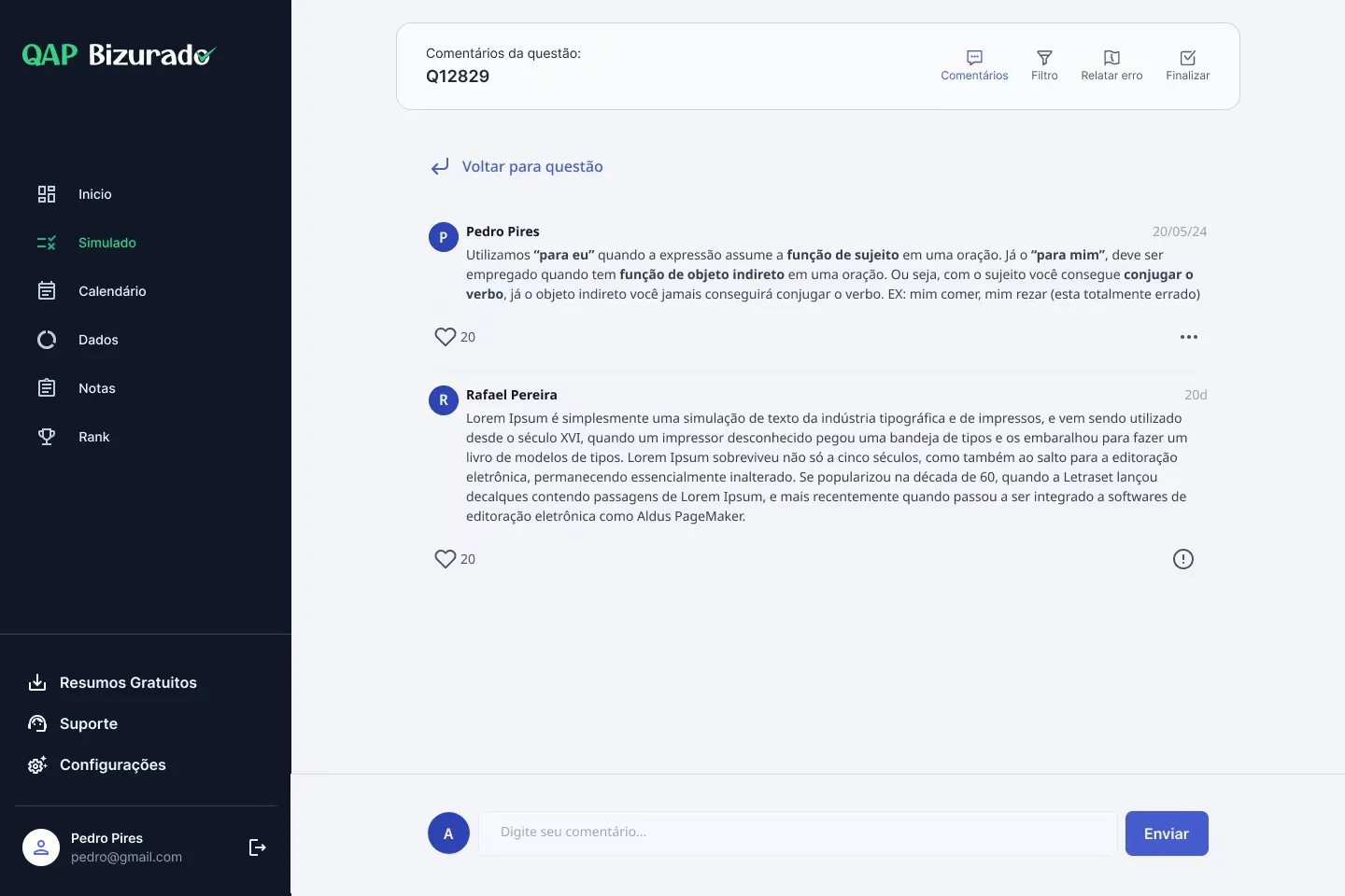 Comentários de uma questão na plataforma QAP Bizurado, com a explicação de um professor e a resposta de um aluno