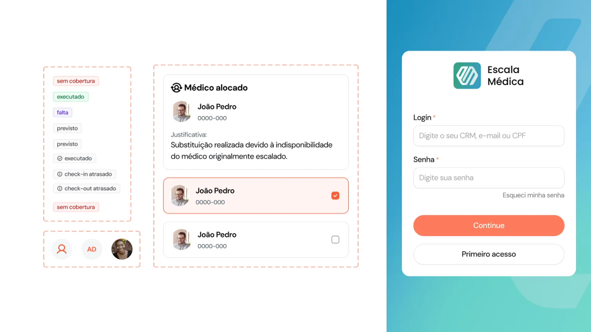 Componentes da Escala Médica, com as etiquetas de status dos plantões e o card de médico alocado, ao lado da tela de login