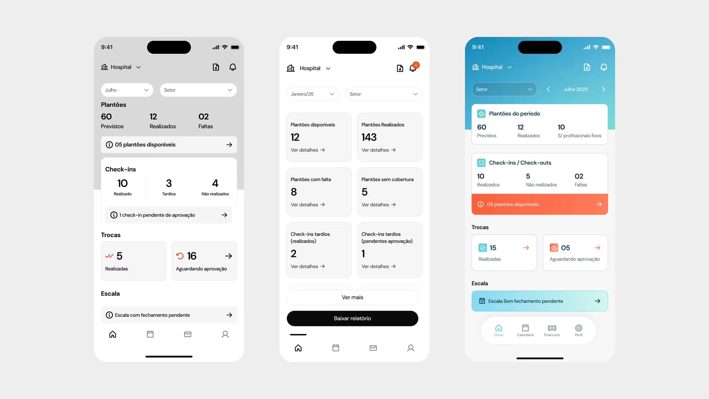 As três etapas da tela inicial da Escala Médica lado a lado, do wireframe à média e à alta fidelidade