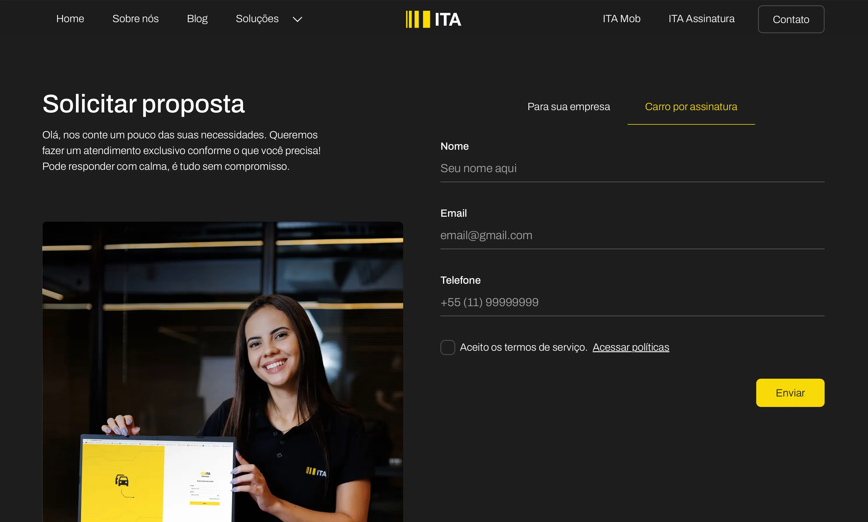 Página inicial do site da Ita Frotas