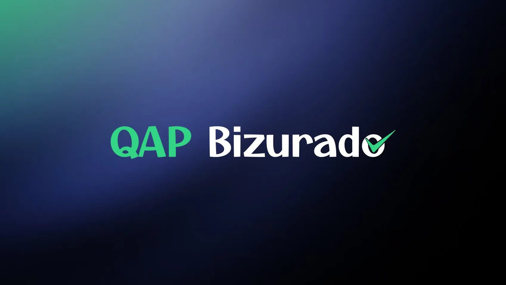 Marca do QAP Bizurado sobre fundo azul-escuro, com o check verde no final do nome