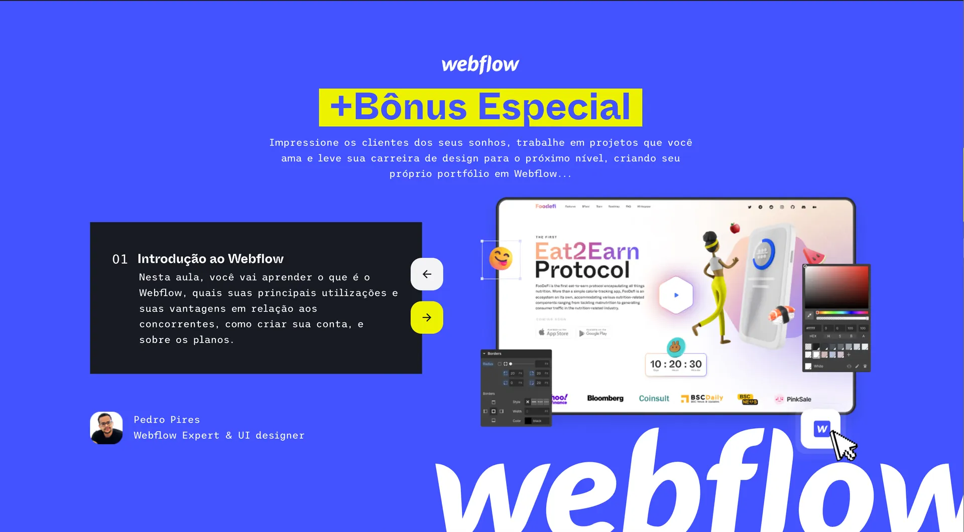 Página do curso de Webflow da UI5D, com a lista de aulas e o bônus especial